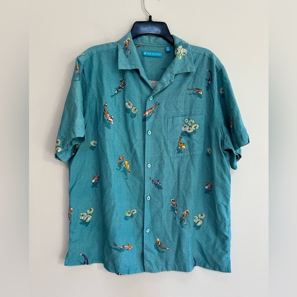 Tori Richard Other - TORI RICHARD Koi Fish and Lily Pad Silk Camp Shirt Blend in Teal Blue, size M
